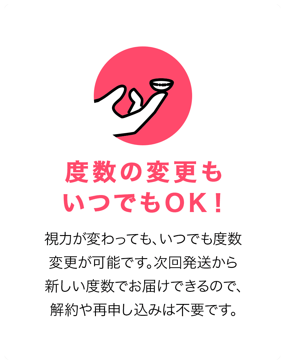 度数の変更もいつでもOK！視力が変わっても、いつでも度数変更が可能です。次回発送から新しい度数でお届けできるので、解約や再申し込みは不要です。